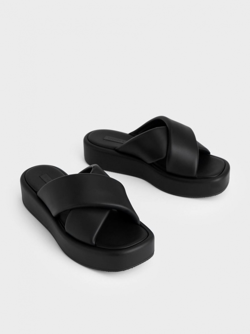Slapi Charles & Keith Căptușită Crossover Flatforms Negrii | 086XCVESG