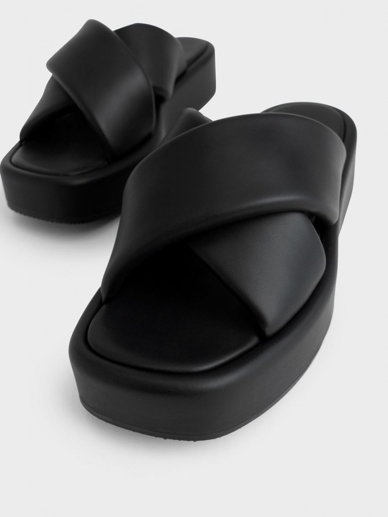 Slapi Charles & Keith Căptușită Crossover Flatforms Negrii | 086XCVESG