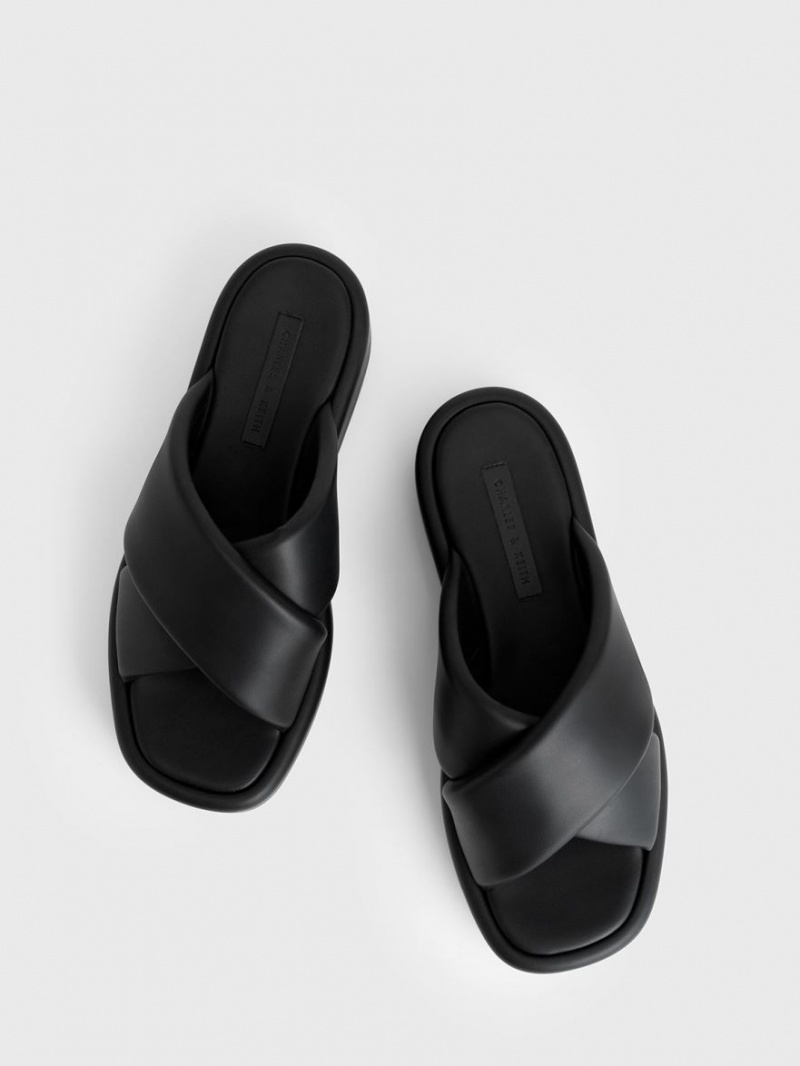 Slapi Charles & Keith Căptușită Crossover Flatforms Negrii | 086XCVESG