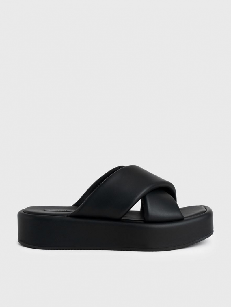 Slapi Charles & Keith Căptușită Crossover Flatforms Negrii | 086XCVESG