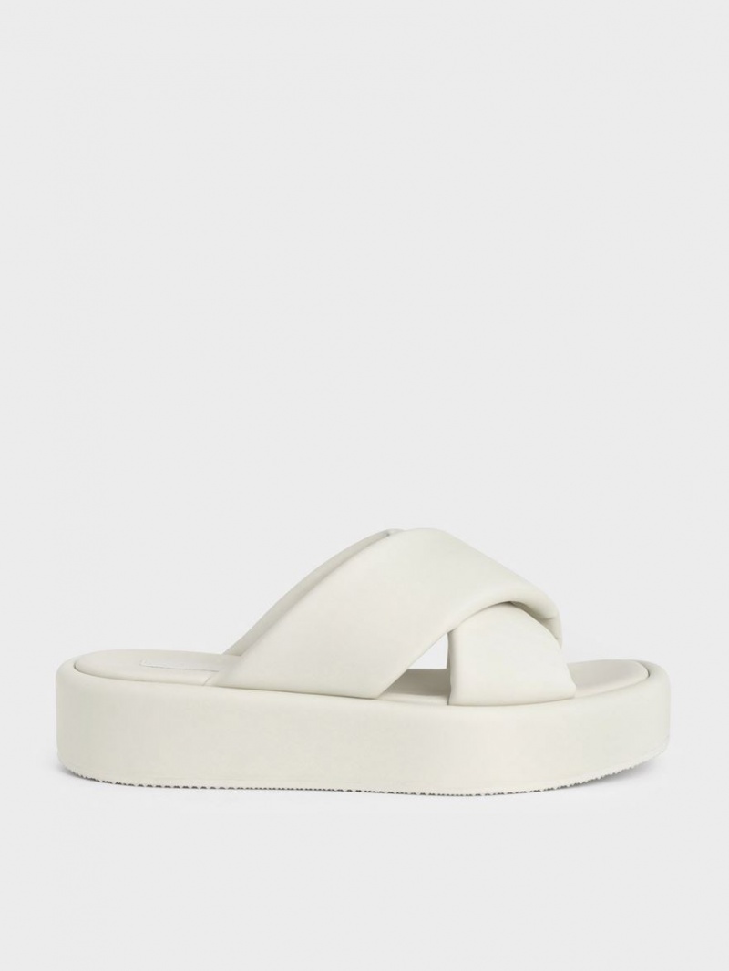 Slapi Charles & Keith Căptușită Crossover Flatforms Albi | 671OISUFK