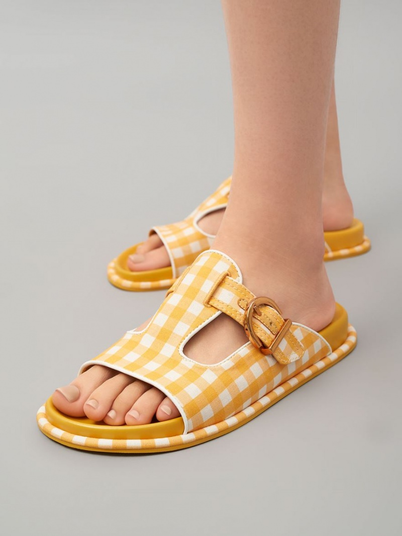 Slapi Charles & Keith Cut-Out Linen Gingham-Print Buckled Galbeni | 708CMWVLS