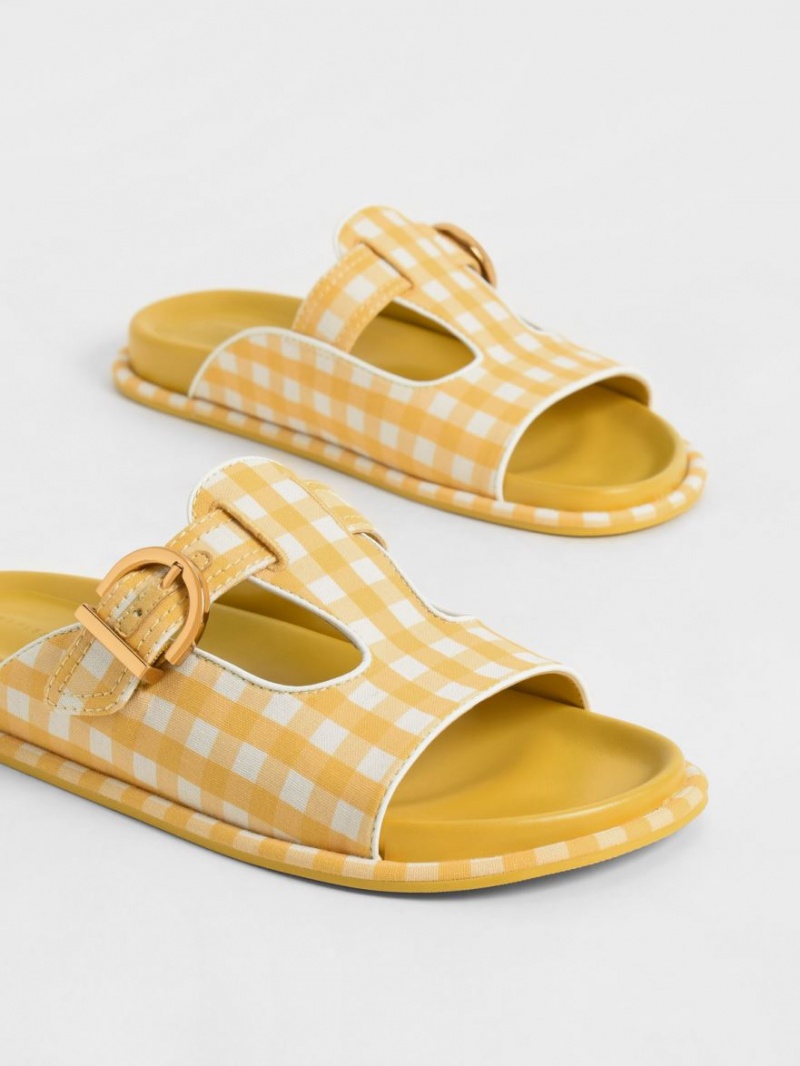 Slapi Charles & Keith Cut-Out Linen Gingham-Print Buckled Galbeni | 708CMWVLS