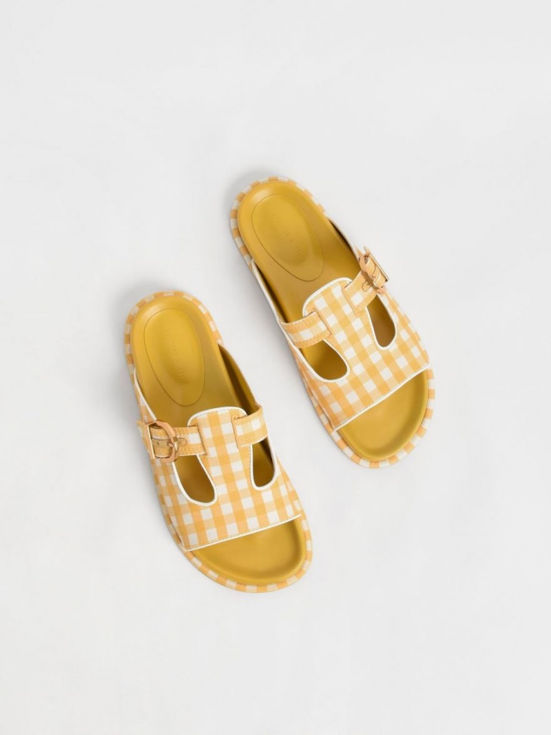 Slapi Charles & Keith Cut-Out Linen Gingham-Print Buckled Galbeni | 708CMWVLS