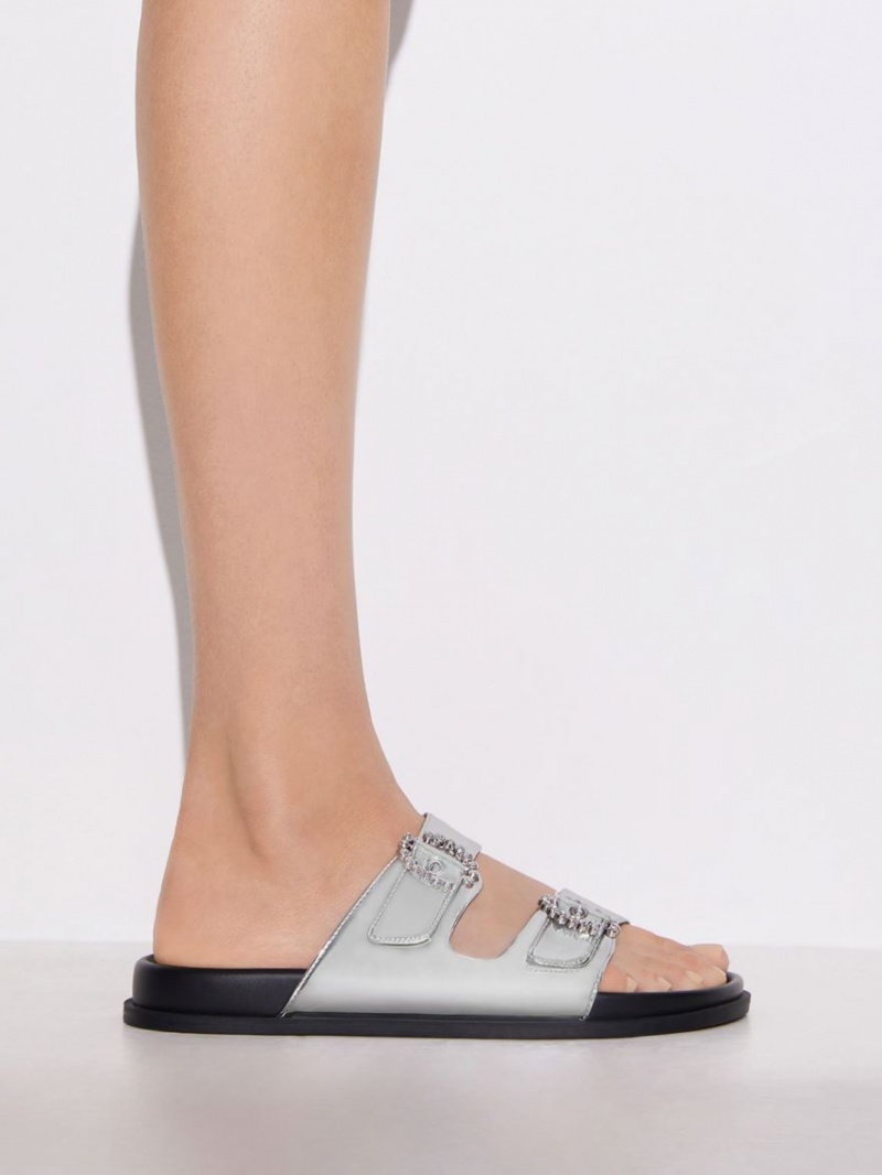 Slapi Charles & Keith Embellished Cu Catarama Metallic Argintii | 083ONTMDG