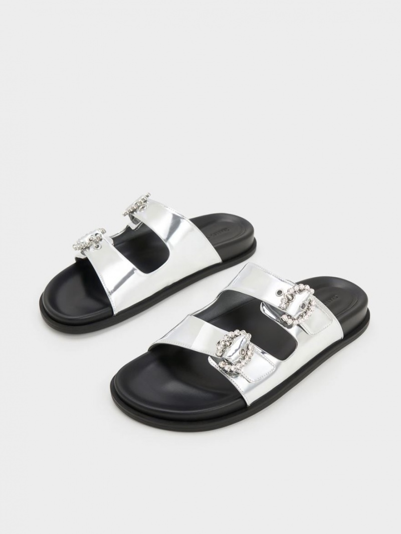 Slapi Charles & Keith Embellished Cu Catarama Metallic Argintii | 083ONTMDG