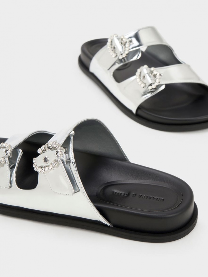 Slapi Charles & Keith Embellished Cu Catarama Metallic Argintii | 083ONTMDG
