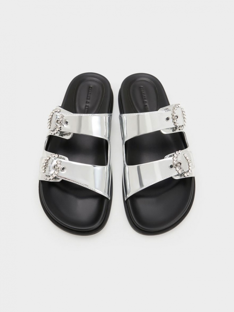 Slapi Charles & Keith Embellished Cu Catarama Metallic Argintii | 083ONTMDG