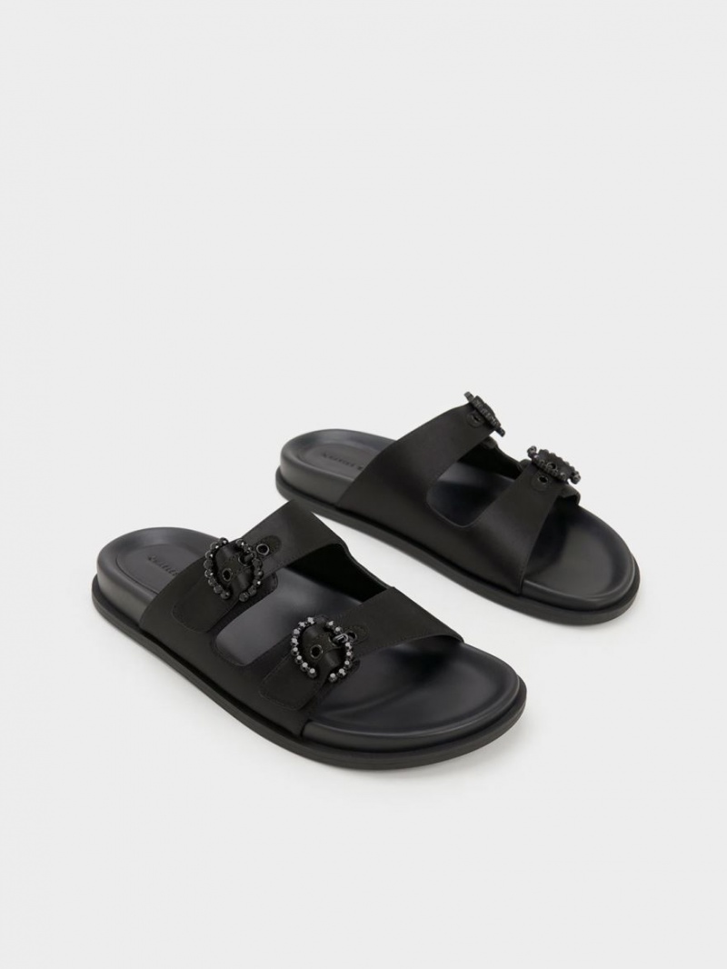 Slapi Charles & Keith Embellished Cu Catarama Recycled Polyester Negrii | 581KWUDLJ