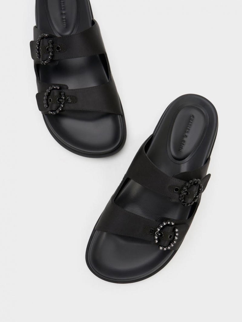 Slapi Charles & Keith Embellished Cu Catarama Recycled Polyester Negrii | 581KWUDLJ