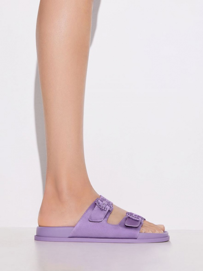 Slapi Charles & Keith Embellished Cu Catarama Recycled Polyester Violet | 457ENAKLM