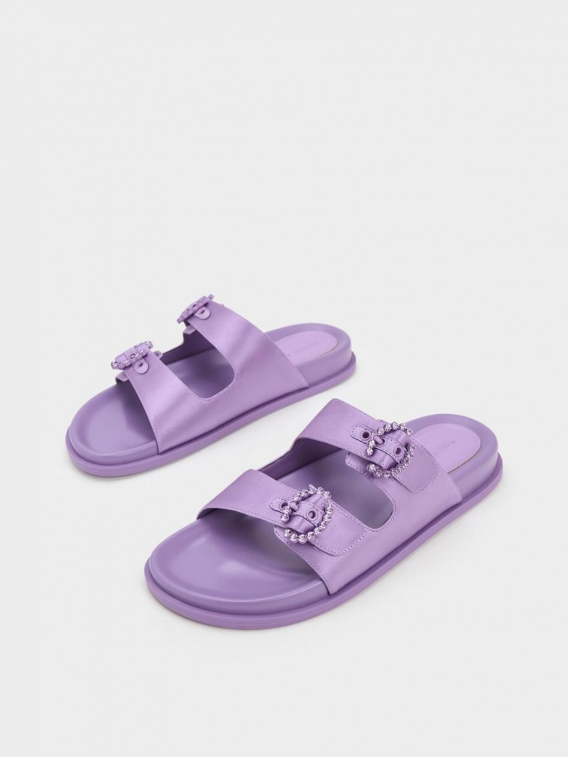 Slapi Charles & Keith Embellished Cu Catarama Recycled Polyester Violet | 457ENAKLM