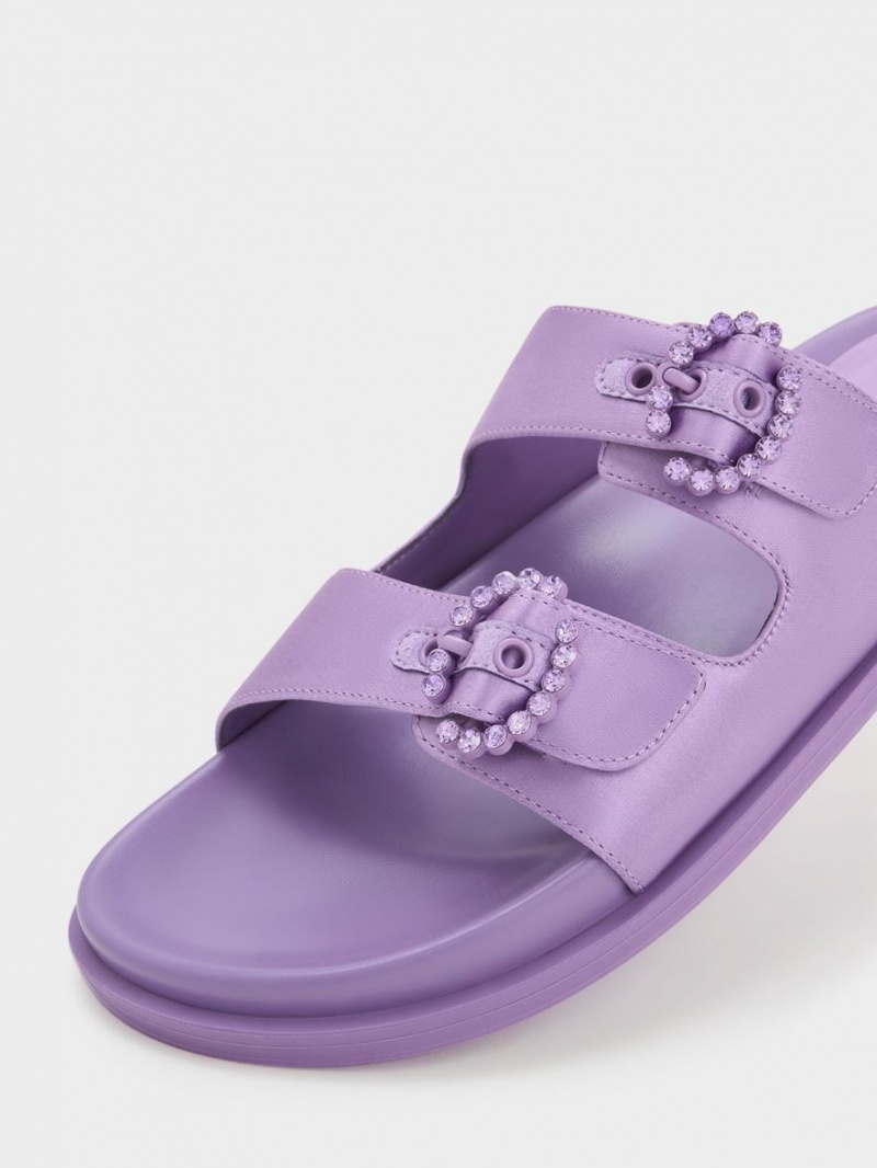Slapi Charles & Keith Embellished Cu Catarama Recycled Polyester Violet | 457ENAKLM