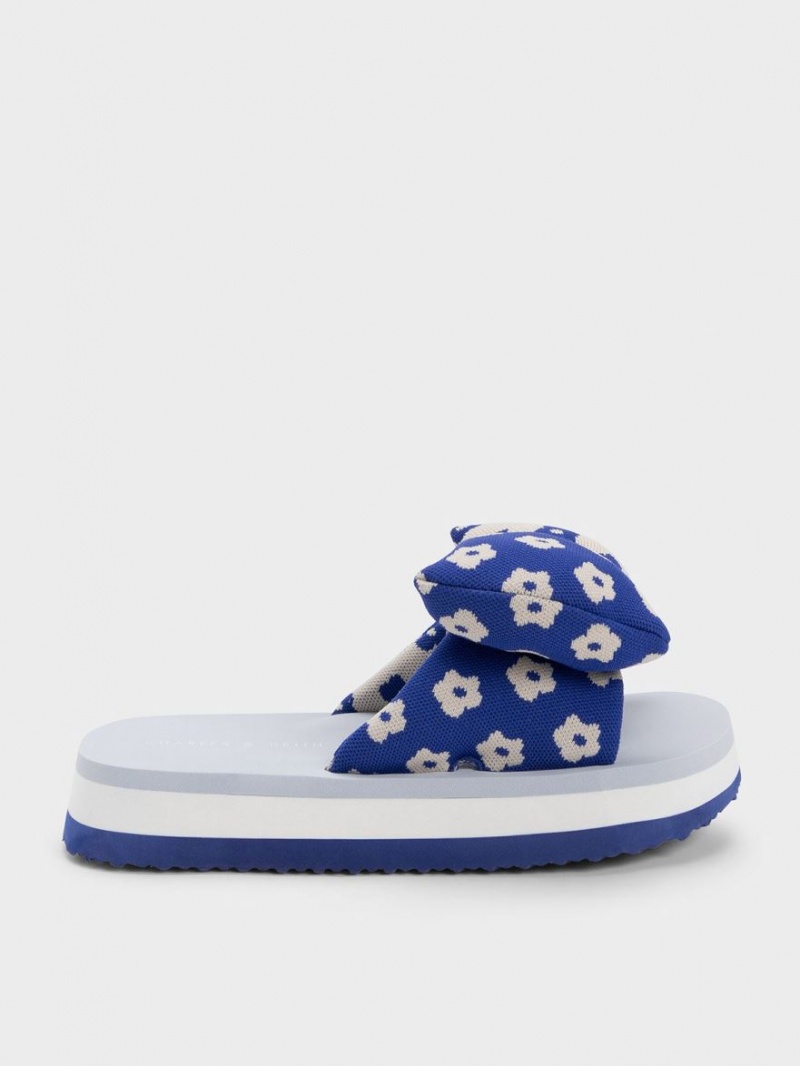 Slapi Charles & Keith Floral Puffy Bow Albastri | 942LJEYPC
