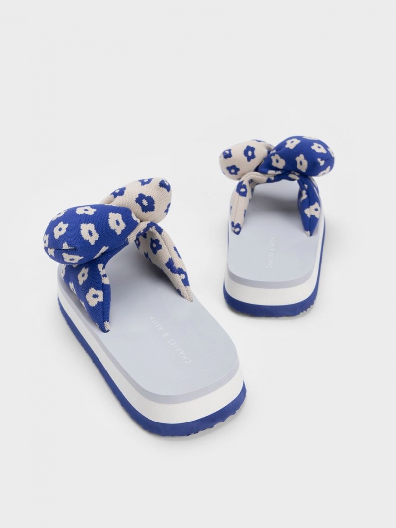 Slapi Charles & Keith Floral Puffy Bow Albastri | 942LJEYPC