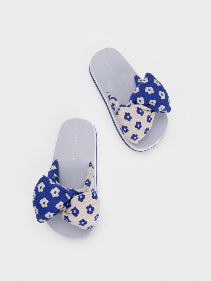 Slapi Charles & Keith Floral Puffy Bow Albastri | 942LJEYPC