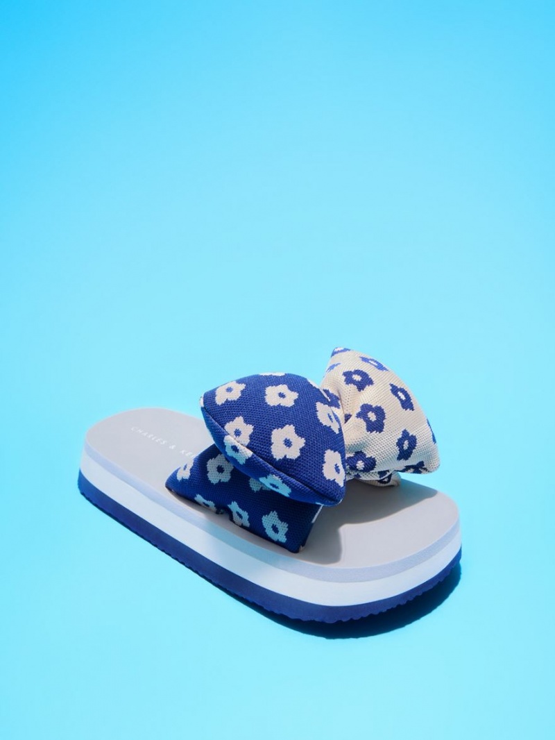 Slapi Charles & Keith Floral Puffy Bow Albastri | 942LJEYPC