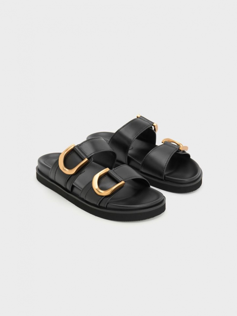 Slapi Charles & Keith Gabine Buckled Piele Negrii | 205PVJUWY