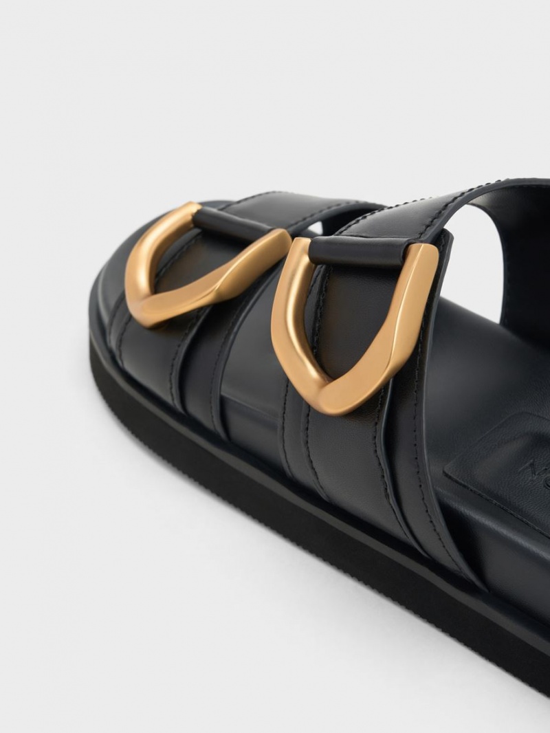 Slapi Charles & Keith Gabine Buckled Piele Negrii | 205PVJUWY