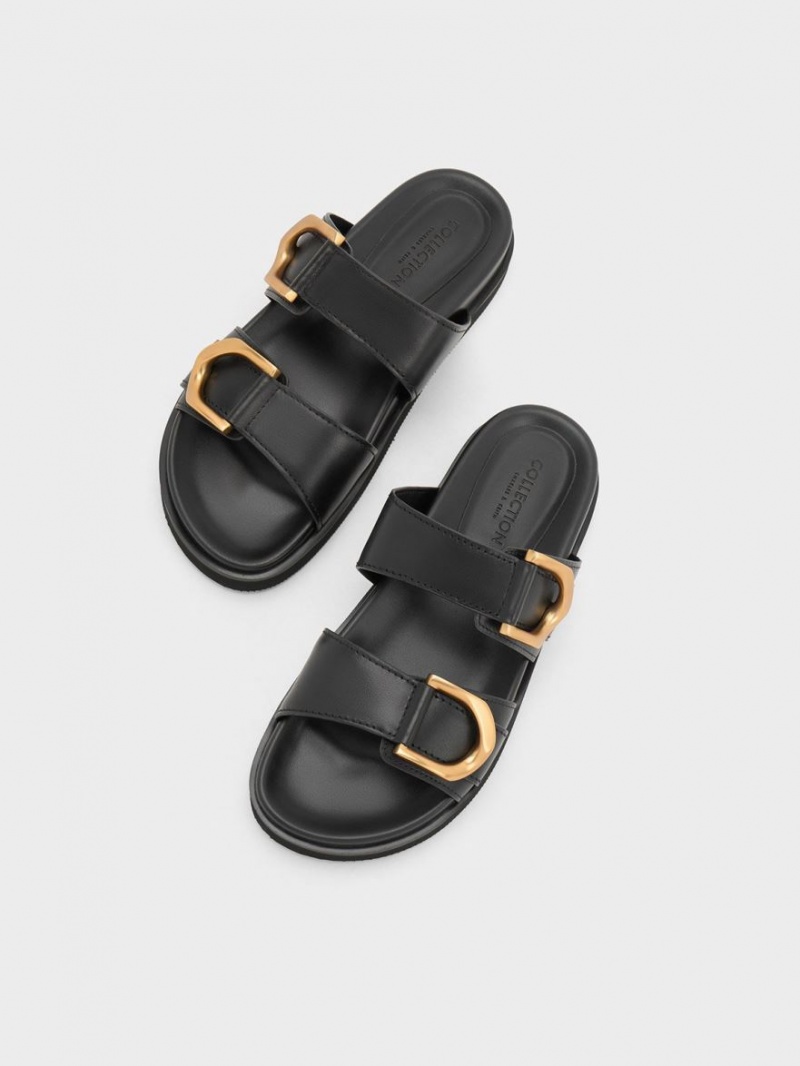Slapi Charles & Keith Gabine Buckled Piele Negrii | 205PVJUWY