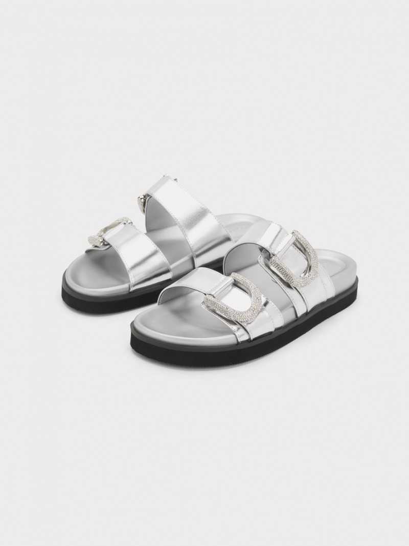 Slapi Charles & Keith Gabine Crystal-Embellished Metallic Piele Argintii | 598XBKVMJ