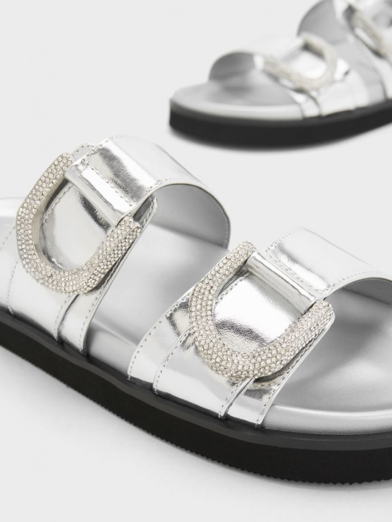 Slapi Charles & Keith Gabine Crystal-Embellished Metallic Piele Argintii | 598XBKVMJ