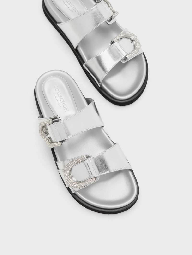 Slapi Charles & Keith Gabine Crystal-Embellished Metallic Piele Argintii | 598XBKVMJ