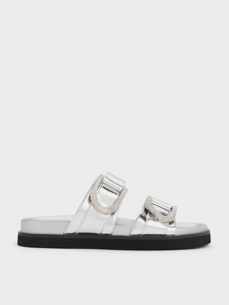 Slapi Charles & Keith Gabine Crystal-Embellished Metallic Piele Argintii | 598XBKVMJ