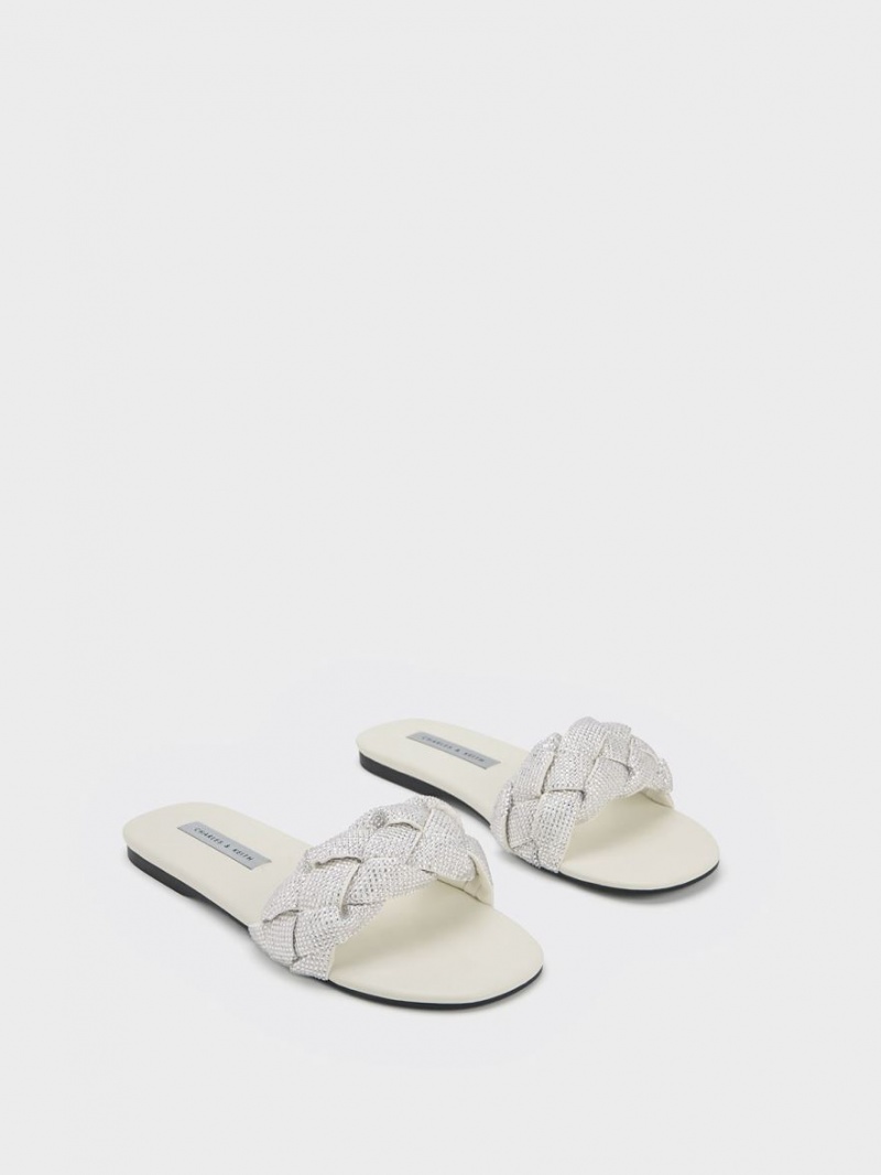 Slapi Charles & Keith Gem-Embellished Braided Curea Albi | 564XJRSND