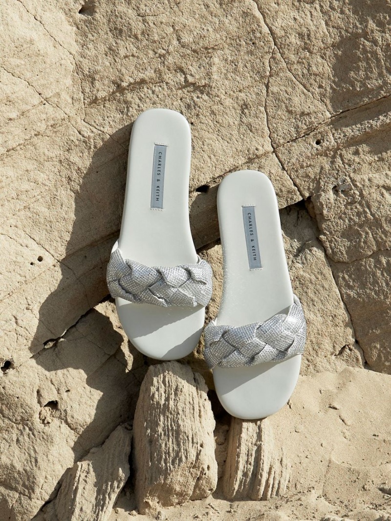 Slapi Charles & Keith Gem-Embellished Braided Curea Albi | 564XJRSND