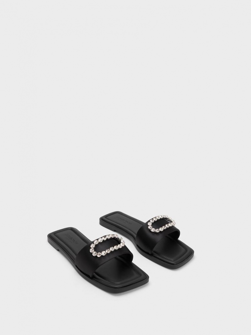 Slapi Charles & Keith Gem-Embellished Recycled Polyester Negrii | 560OLHSPN