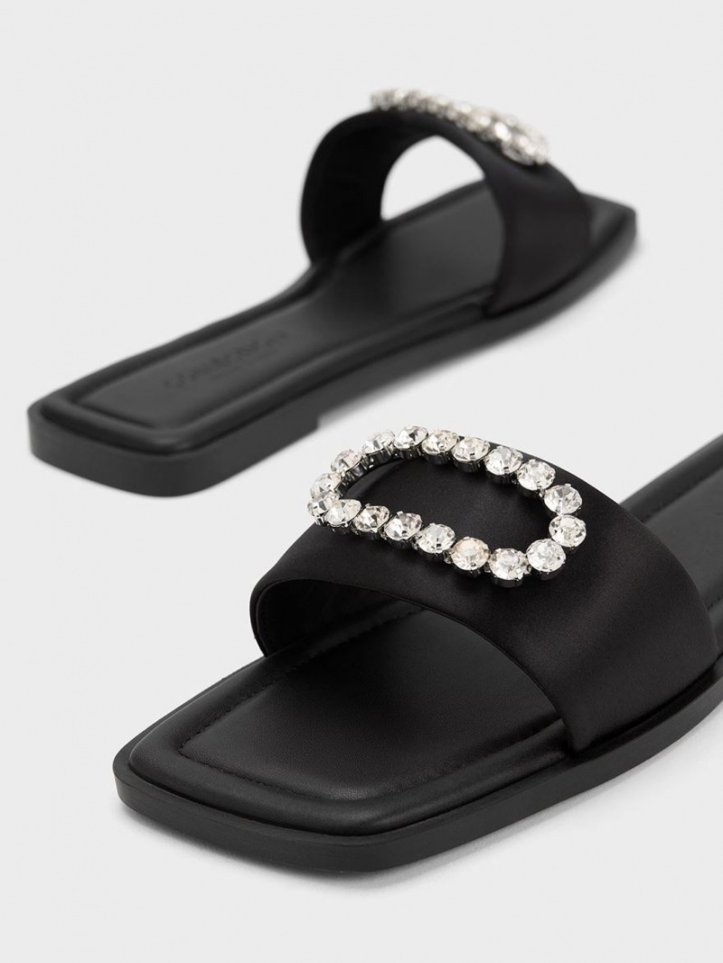 Slapi Charles & Keith Gem-Embellished Recycled Polyester Negrii | 560OLHSPN