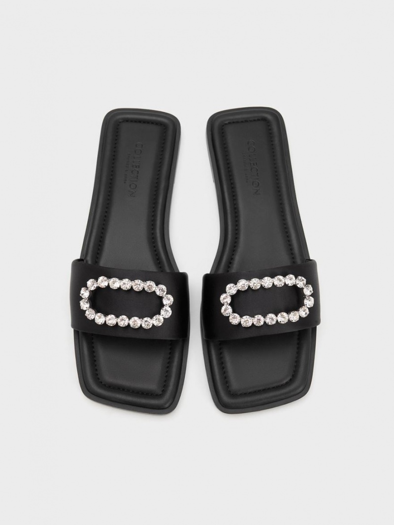 Slapi Charles & Keith Gem-Embellished Recycled Polyester Negrii | 560OLHSPN