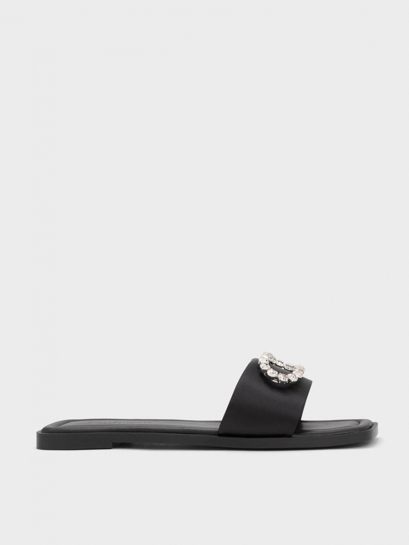 Slapi Charles & Keith Gem-Embellished Recycled Polyester Negrii | 560OLHSPN