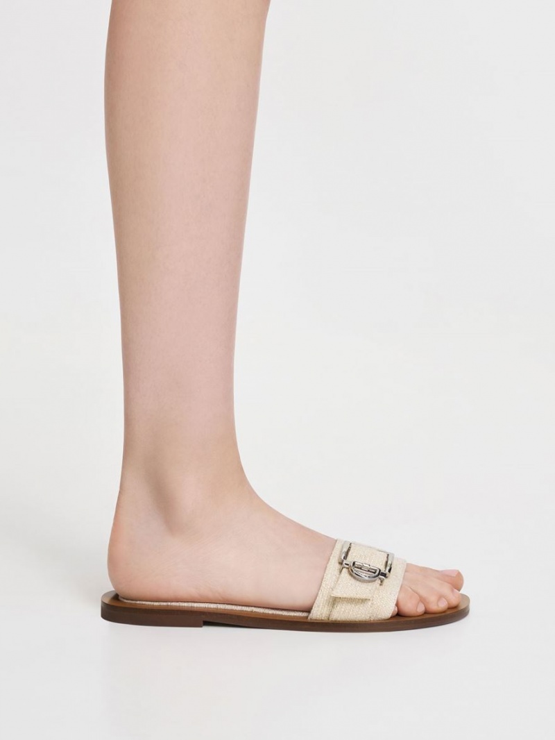 Slapi Charles & Keith Linen Metallic Cu Catarama Bej | 596ODSYCP