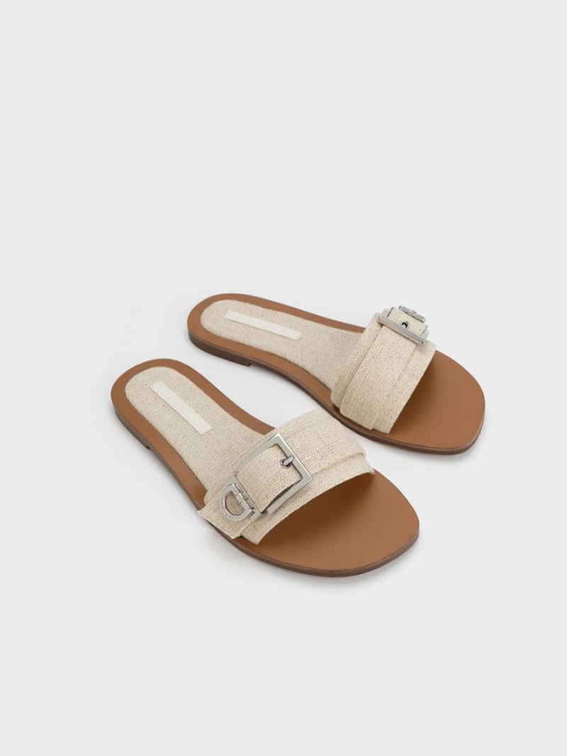 Slapi Charles & Keith Linen Metallic Cu Catarama Bej | 596ODSYCP