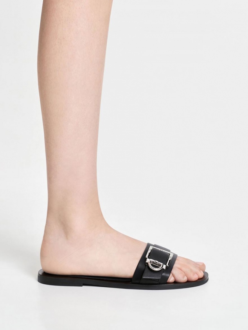 Slapi Charles & Keith Metallic Cu Catarama Negrii | 726DXRPTI