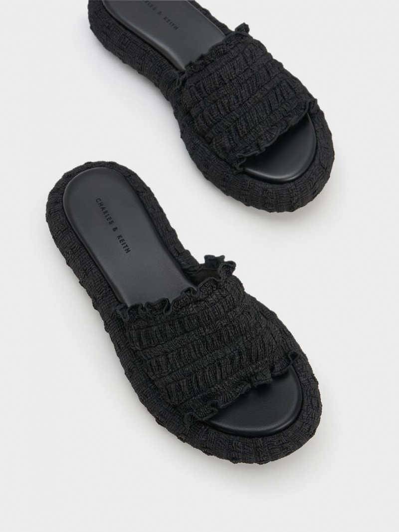 Slapi Charles & Keith Nuala Ruched Flatforms Negrii | 214IHTUMZ