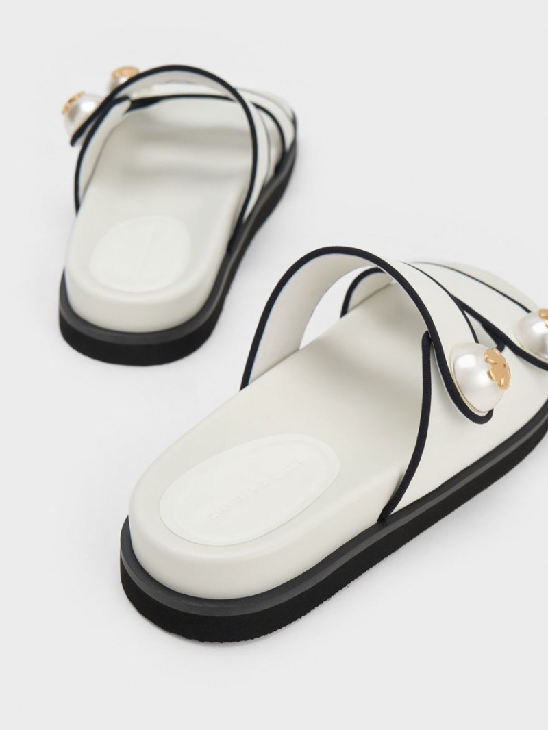 Slapi Charles & Keith Pearl Embellished Contrast-Trim Albi | 729CQFOTZ
