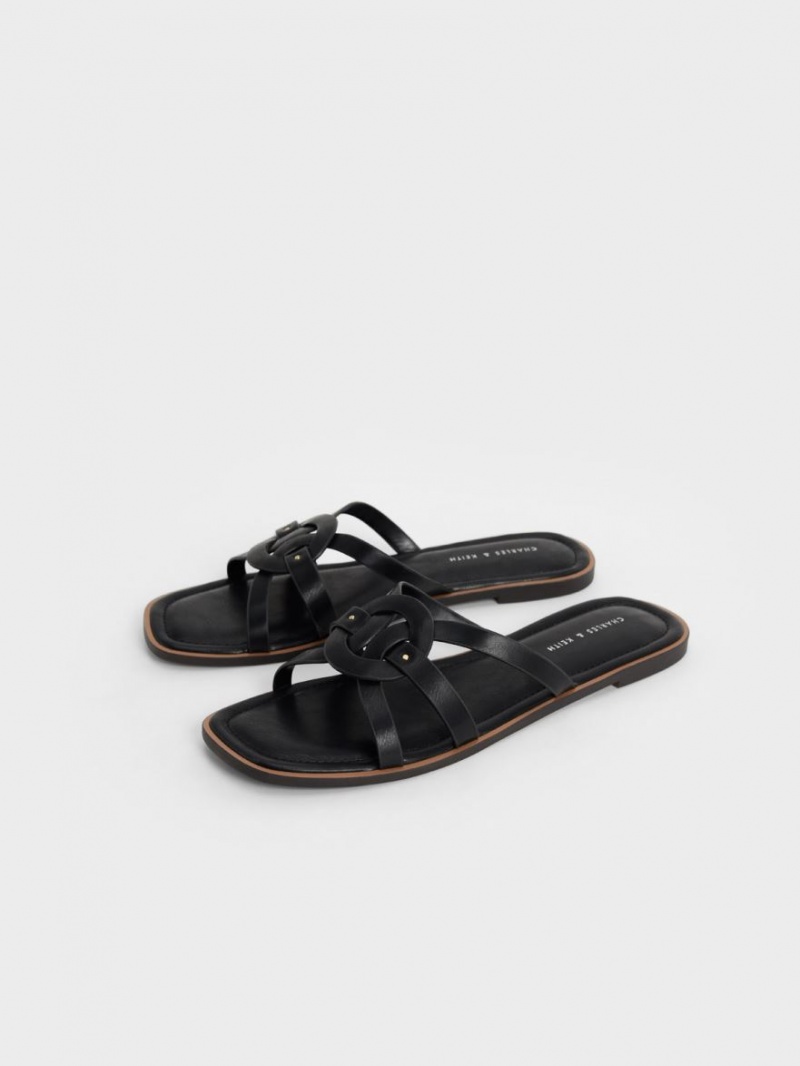 Slapi Charles & Keith Ring Detail Cu Bretele Flats Negrii | 908FSRXKP