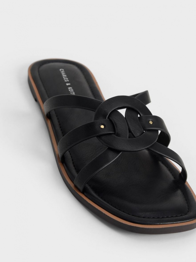 Slapi Charles & Keith Ring Detail Cu Bretele Flats Negrii | 908FSRXKP