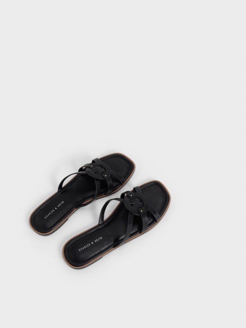 Slapi Charles & Keith Ring Detail Cu Bretele Flats Negrii | 908FSRXKP