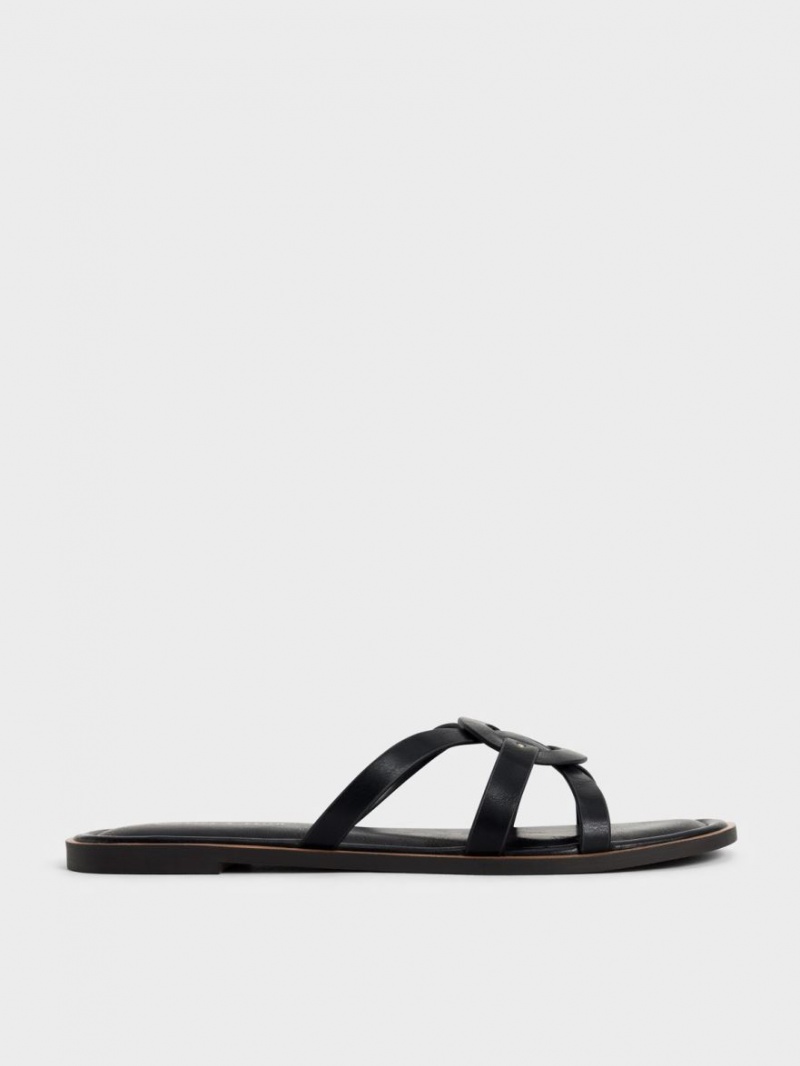 Slapi Charles & Keith Ring Detail Cu Bretele Flats Negrii | 908FSRXKP