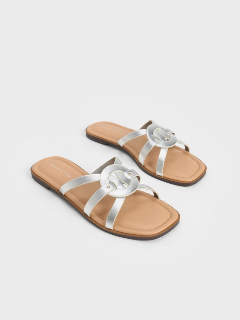 Slapi Charles & Keith Ring Detail Cu Bretele Flats Argintii | 902FRCYBS