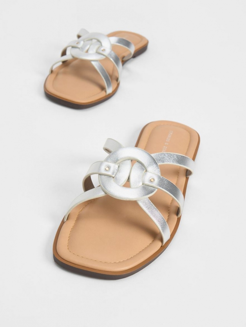 Slapi Charles & Keith Ring Detail Cu Bretele Flats Argintii | 902FRCYBS