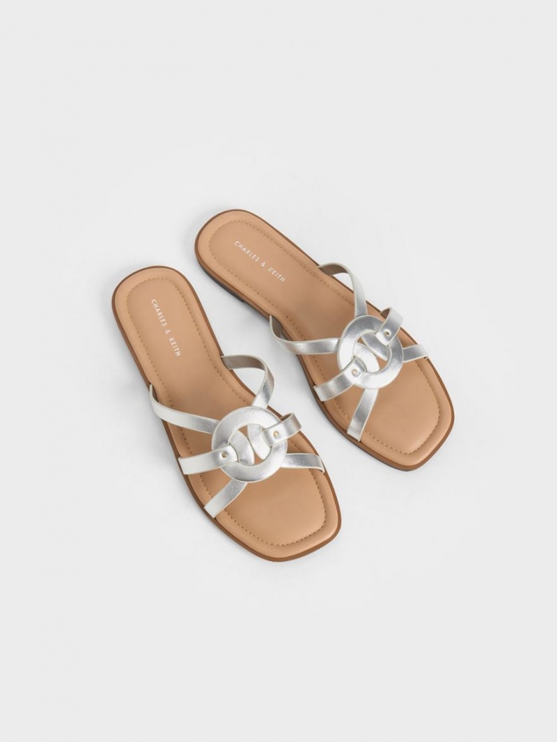 Slapi Charles & Keith Ring Detail Cu Bretele Flats Argintii | 902FRCYBS