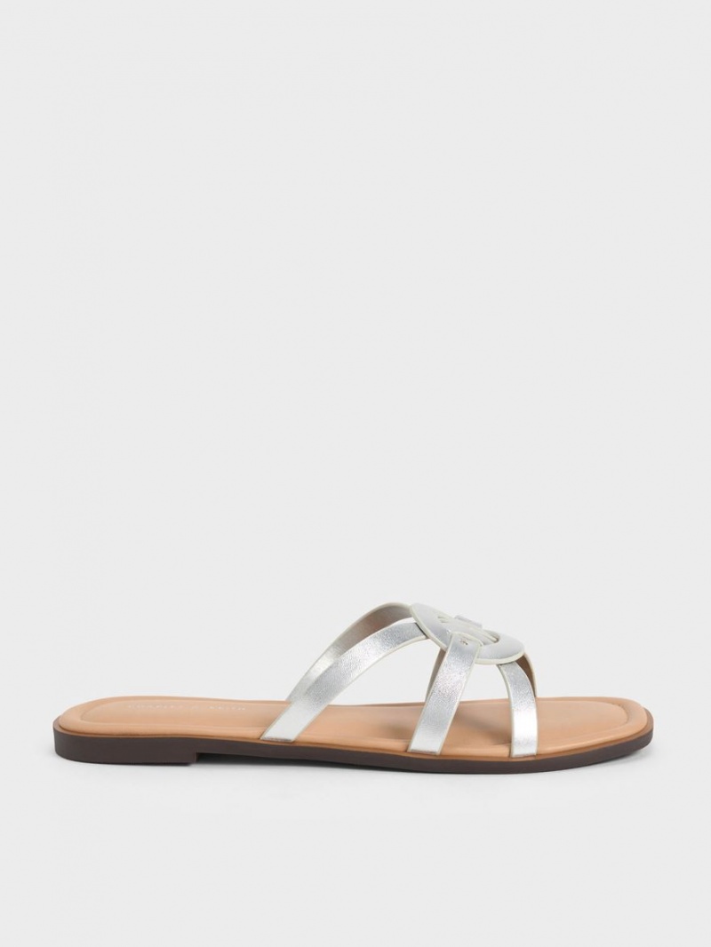 Slapi Charles & Keith Ring Detail Cu Bretele Flats Argintii | 902FRCYBS
