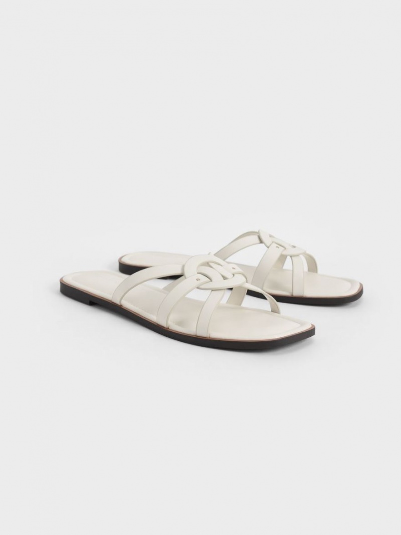 Slapi Charles & Keith Ring Detail Cu Bretele Flats Albi | 409BJWHUQ