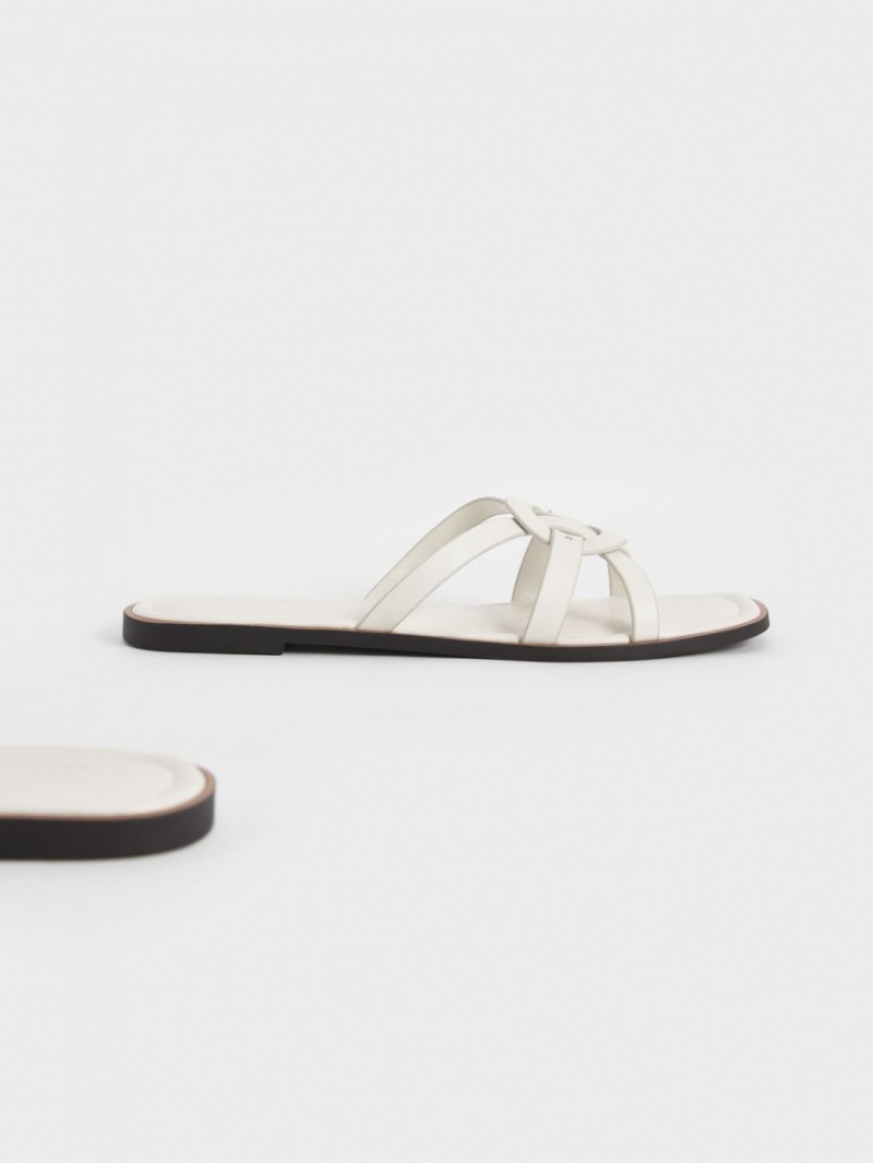 Slapi Charles & Keith Ring Detail Cu Bretele Flats Albi | 409BJWHUQ