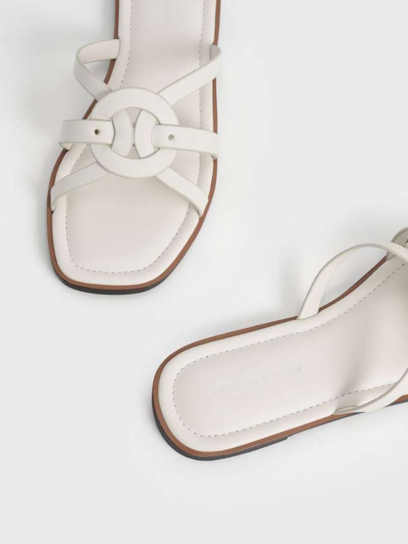 Slapi Charles & Keith Ring Detail Cu Bretele Flats Albi | 409BJWHUQ